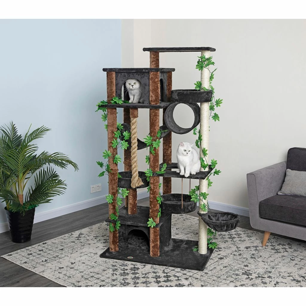 New! Go Pet Club 70 in. Forest Cat Tree House Furniture with Leaves, Compressed Wood, Faux Fur Finish