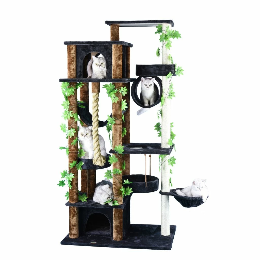 New! Go Pet Club 70 in. Forest Cat Tree House Furniture with Leaves, Compressed Wood, Faux Fur Finish - Image 2