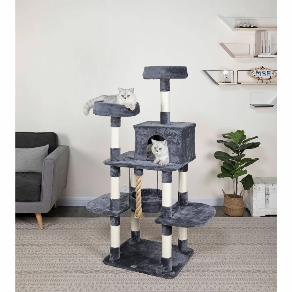 New! Go Pet Club 61.5 in. Jungle Rope Cat Tree with Sisal Covered Posts, Compressed Wood, Faux Fur Finish, Gray