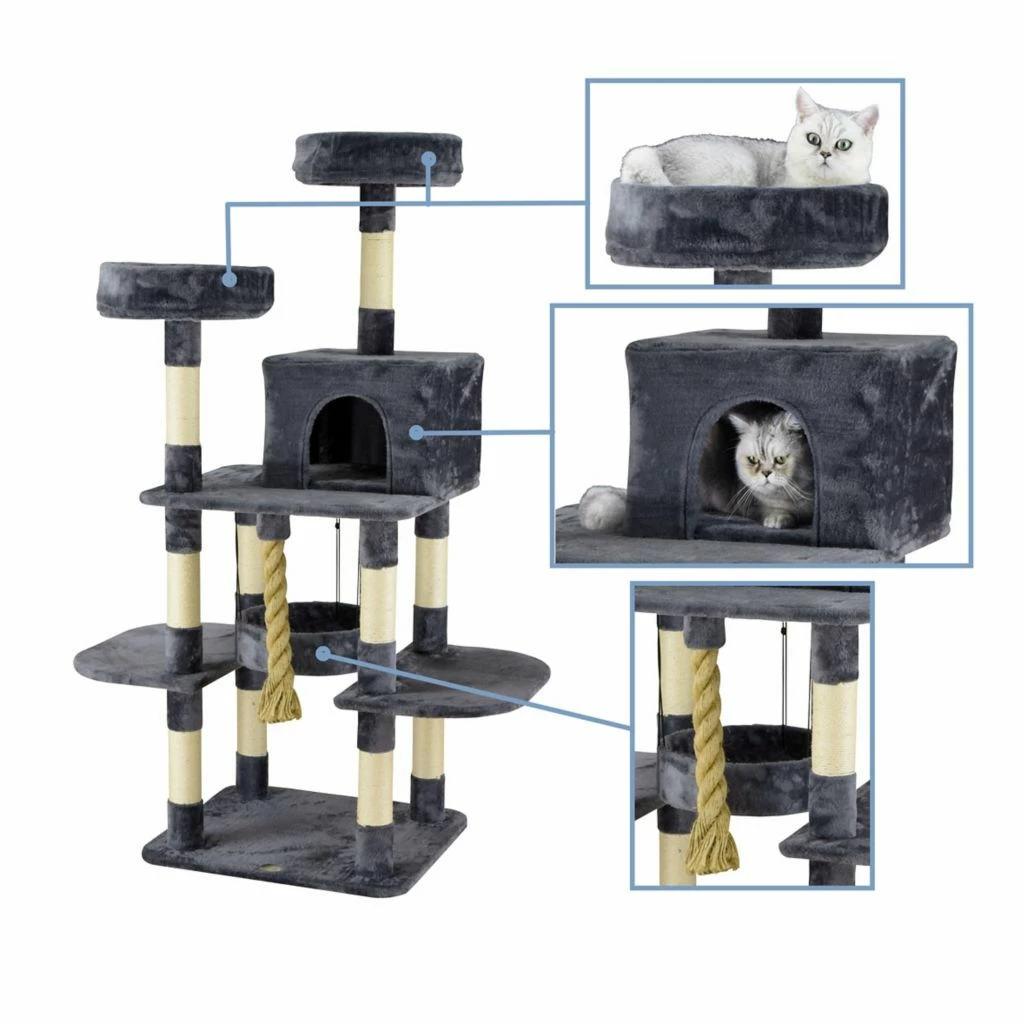 New! Go Pet Club 61.5 in. Jungle Rope Cat Tree with Sisal Covered Posts, Compressed Wood, Faux Fur Finish, Gray - Image 3