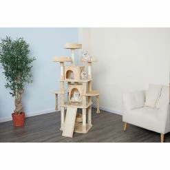 New! Go Pet Club 70 in. Jungle Rope Cat Tree House with Sisal Covered Scratchers, Compressed Wood, Faux Fur Finish, Beige