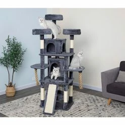 New! Go Pet Club 70 in. Jungle Rope Cat Tree House with Sisal Covered Scratchers, Compressed Wood, Faux Fur Finish, Gray